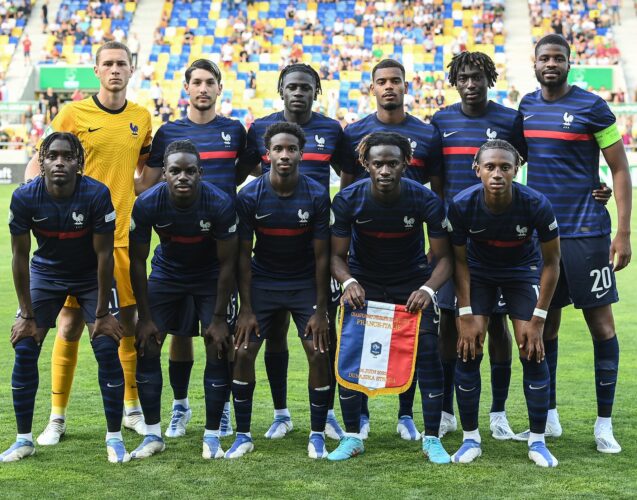 DUNAJSKÁ STREDA, SLOVAKIA - June 24: The France team before the UEFA European Under-19 Championship group A match between France and Italy on June 24, 2022 at the DAC Arená in Dunajská Streda, Slovakia. (Photo by Seb Daly - UEFA/UEFA via Sportsfile)