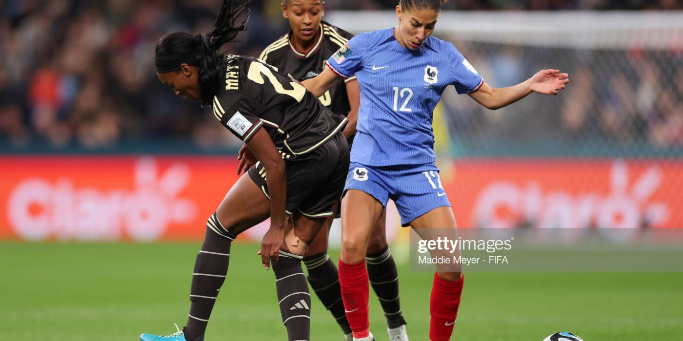 SYDNEY, AUSTRALIA - JULY 23: Clara Mateo of France competes for the ball against Cheyna Matthews and Atlanta Primus of Jamaica during the FIFA Women's World Cup Australia & New Zealand 2023 Group F match between France and Jamaica at Sydney Football Stadium on July 23, 2023 in Sydney / Gadigal, Australia. (Photo by Maddie Meyer - FIFA/FIFA via Getty Images)