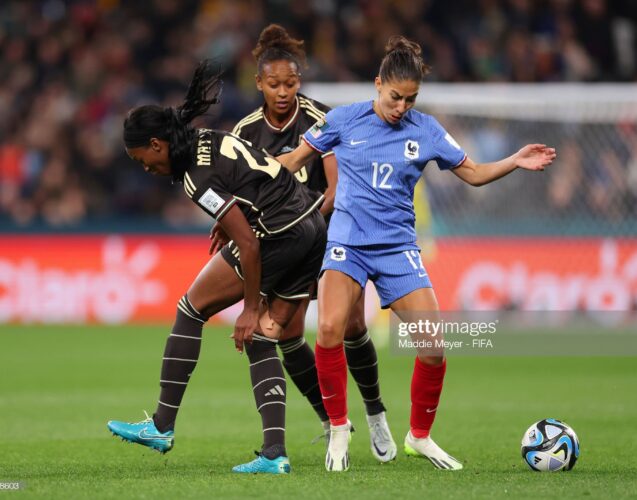 SYDNEY, AUSTRALIA - JULY 23: Clara Mateo of France competes for the ball against Cheyna Matthews and Atlanta Primus of Jamaica during the FIFA Women's World Cup Australia & New Zealand 2023 Group F match between France and Jamaica at Sydney Football Stadium on July 23, 2023 in Sydney / Gadigal, Australia. (Photo by Maddie Meyer - FIFA/FIFA via Getty Images)