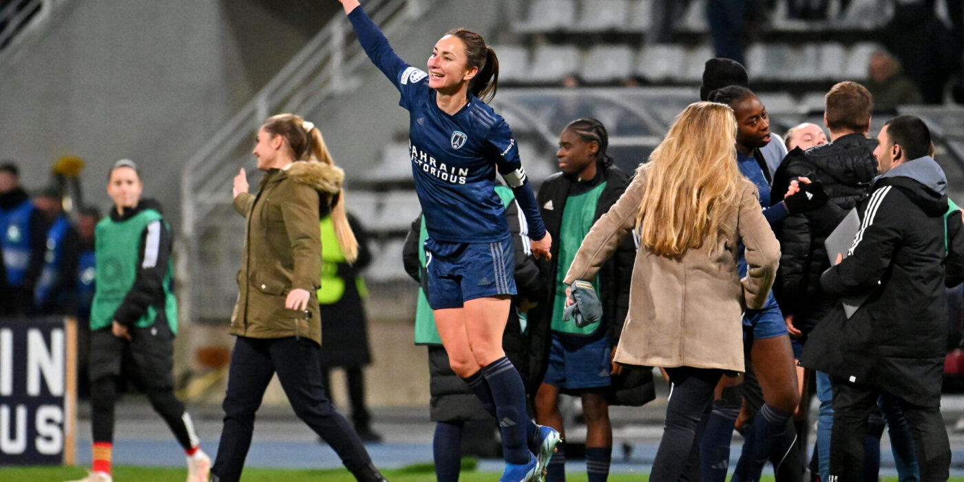 PARIS, FRANCE - DECEMBER 14: Gaetane Thiney of Paris FC celebrates victory at full-time followingthe UEFA Women's Champions League group stage match between Paris FC and Real Madrid CF at Stade Charlety on December 14, 2023 in Paris, France. (Photo by Aurelien Meunier - UEFA/UEFA via Getty Images)