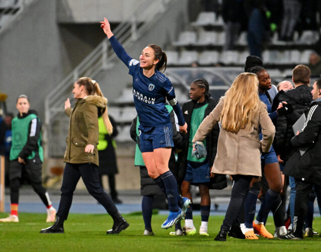 PARIS, FRANCE - DECEMBER 14: Gaetane Thiney of Paris FC celebrates victory at full-time followingthe UEFA Women's Champions League group stage match between Paris FC and Real Madrid CF at Stade Charlety on December 14, 2023 in Paris, France. (Photo by Aurelien Meunier - UEFA/UEFA via Getty Images)